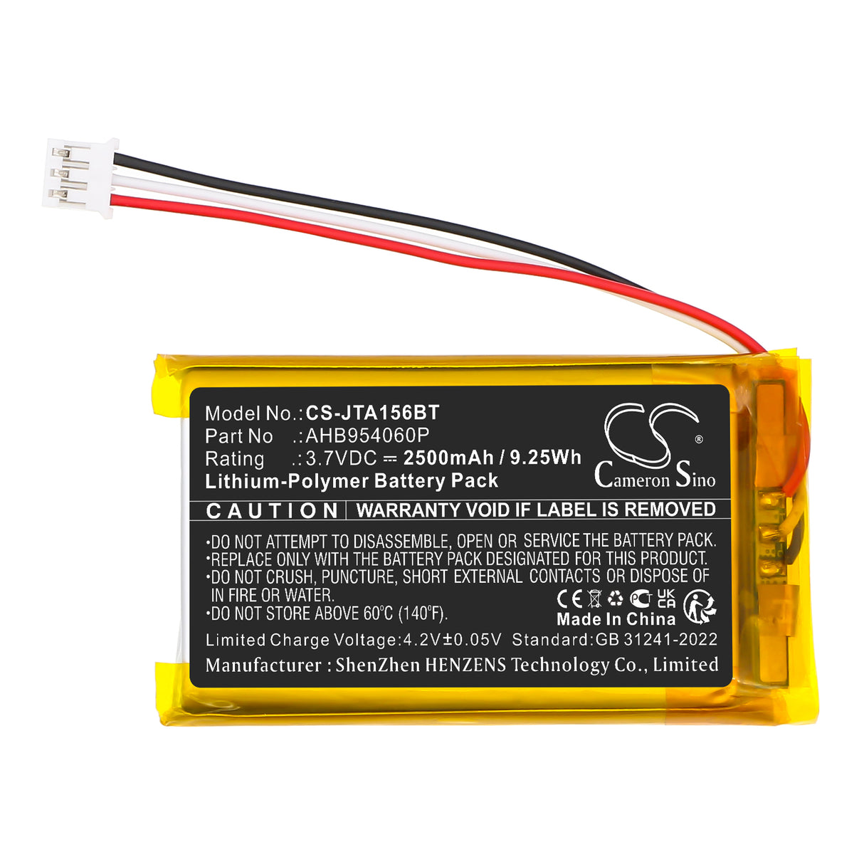 3.7V, Li-Polymer, 2500mAh, Alarm System battery fits Jablotron, AHB954060P, JA-156E, 9.25Wh Alarm System Cameron Sino Technology Limited