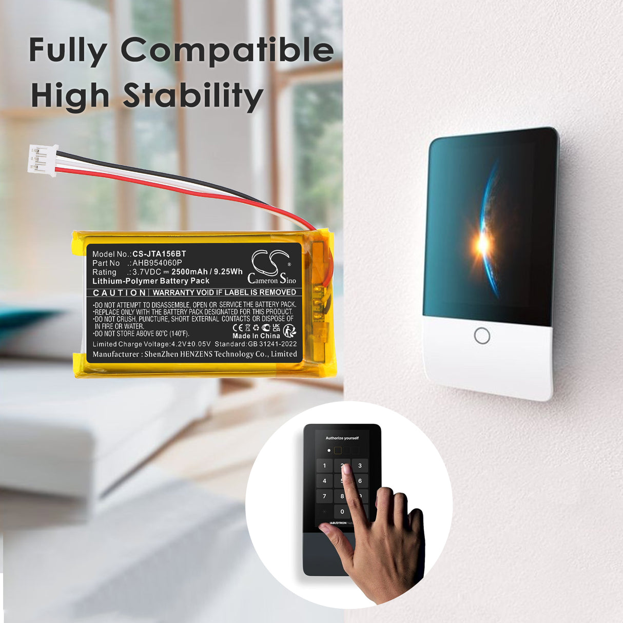 3.7V, Li-Polymer, 2500mAh, Alarm System battery fits Jablotron, AHB954060P, JA-156E, 9.25Wh Alarm System Cameron Sino Technology Limited