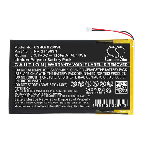 3.7V, Li-Polymer, 1500mAh, E-book, E-reader battery fits Kobo, PR-284983N, Clara HD N239, Clara HD N249, 5.55Wh E-book, E-reader Cameron Sino Technology Limited