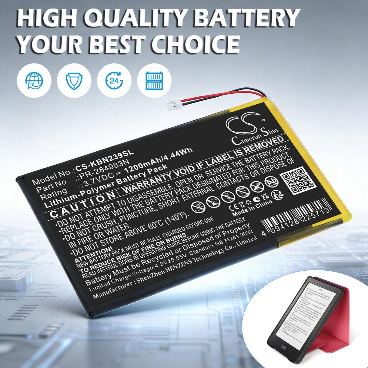 3.7V, Li-Polymer, 1500mAh, E-book, E-reader battery fits Kobo, PR-284983N, Clara HD N239, Clara HD N249, 5.55Wh E-book, E-reader Cameron Sino Technology Limited