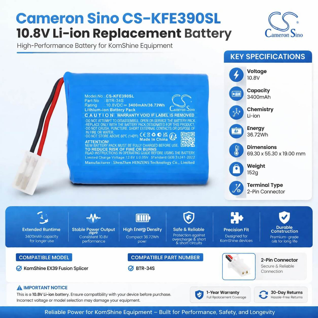 10.8V, Li-ion, 3400mAh, Equipment, Survey, Test battery fits KomShine, BTR-34S, EX39, Fusion Splicer, 36.72Wh Equipment, Survey, Test Cameron Sino Technology Limited