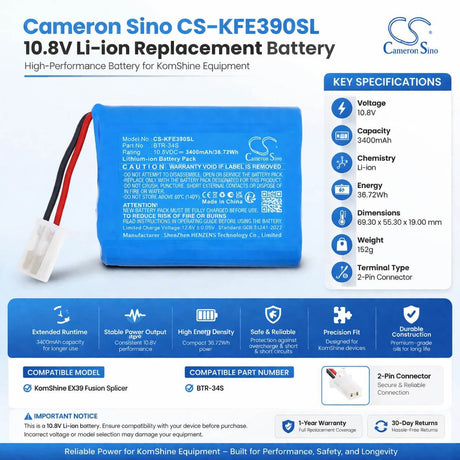 10.8V, Li-ion, 3400mAh, Equipment, Survey, Test battery fits KomShine, BTR-34S, EX39, Fusion Splicer, 36.72Wh Equipment, Survey, Test Cameron Sino Technology Limited