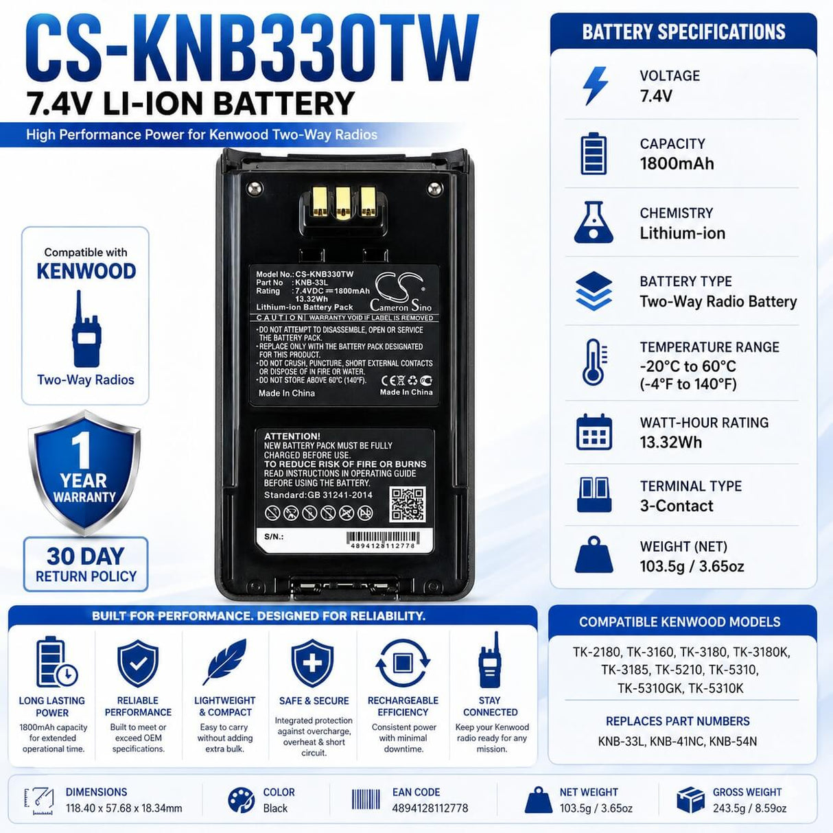 Two way radio battery For Kenwood TK-2180, Tk-3180, Tk-5210 7.4v, 1800mah - 13.32wh Two-Way Radio Cameron Sino Technology Limited
