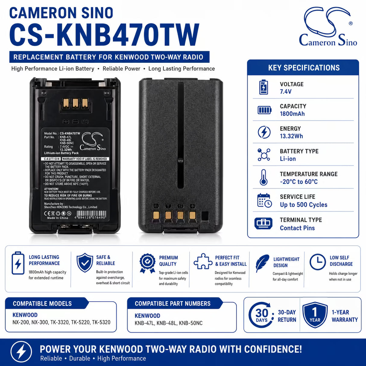 7.4V, Li-ion, 1800mAh, Two-Way Radio battery fits Kenwood, Knb-47l, Nx-200, Nx-300, 13.32Wh Two-Way Radio Cameron Sino Technology Limited