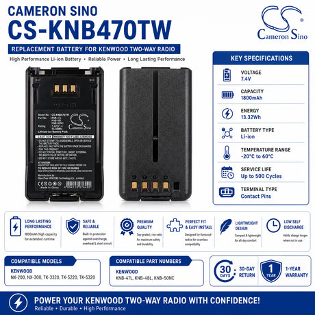 7.4V, Li-ion, 1800mAh, Two-Way Radio battery fits Kenwood, Knb-47l, Nx-200, Nx-300, 13.32Wh Two-Way Radio Cameron Sino Technology Limited