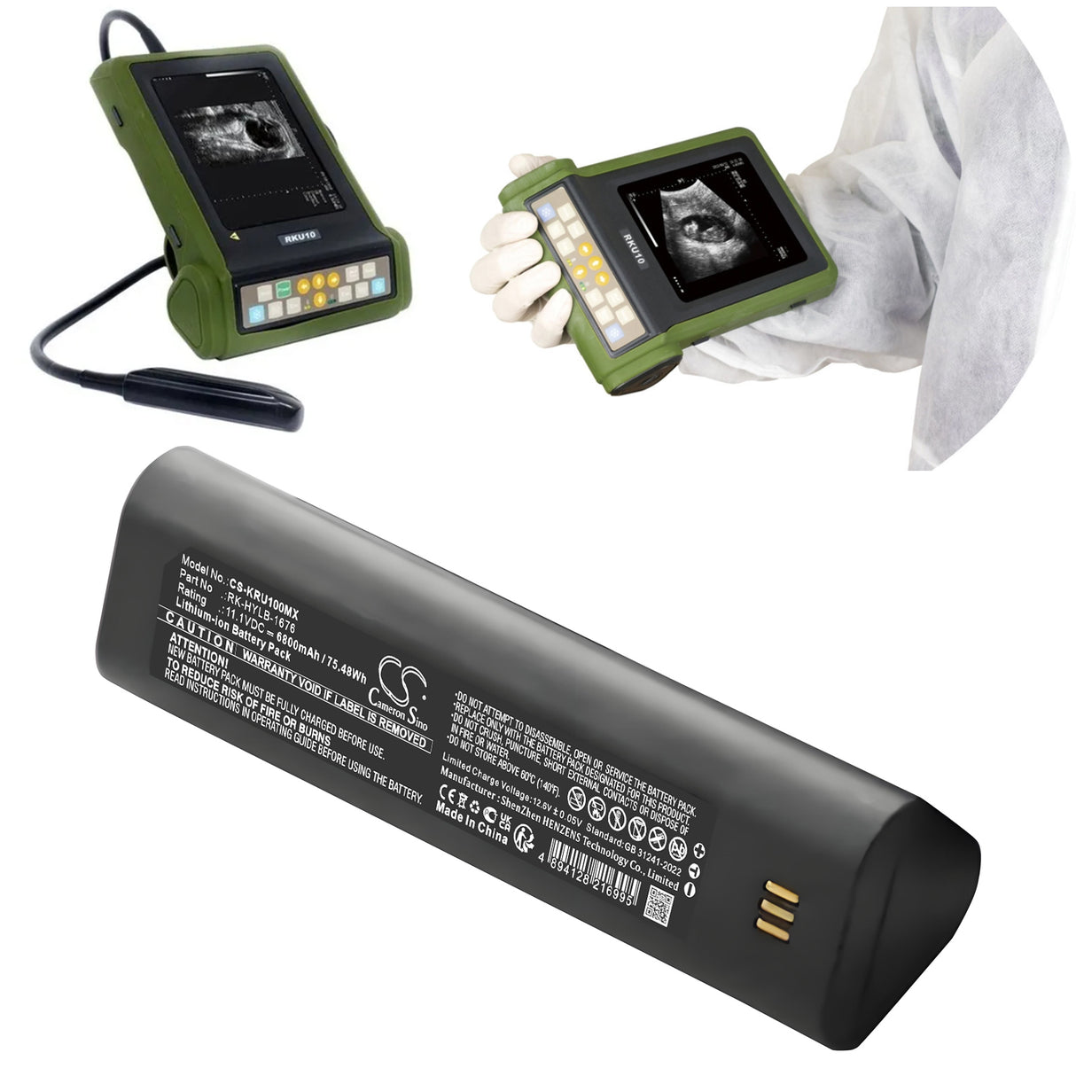 11.1V, Li-ion, 6800mAh, Medical battery fits Kaixin, HYLB-1676, RKU10, RKU10 veterinary ultrasound ma, 75.48Wh Medical Cameron Sino Technology Limited (Medical)
