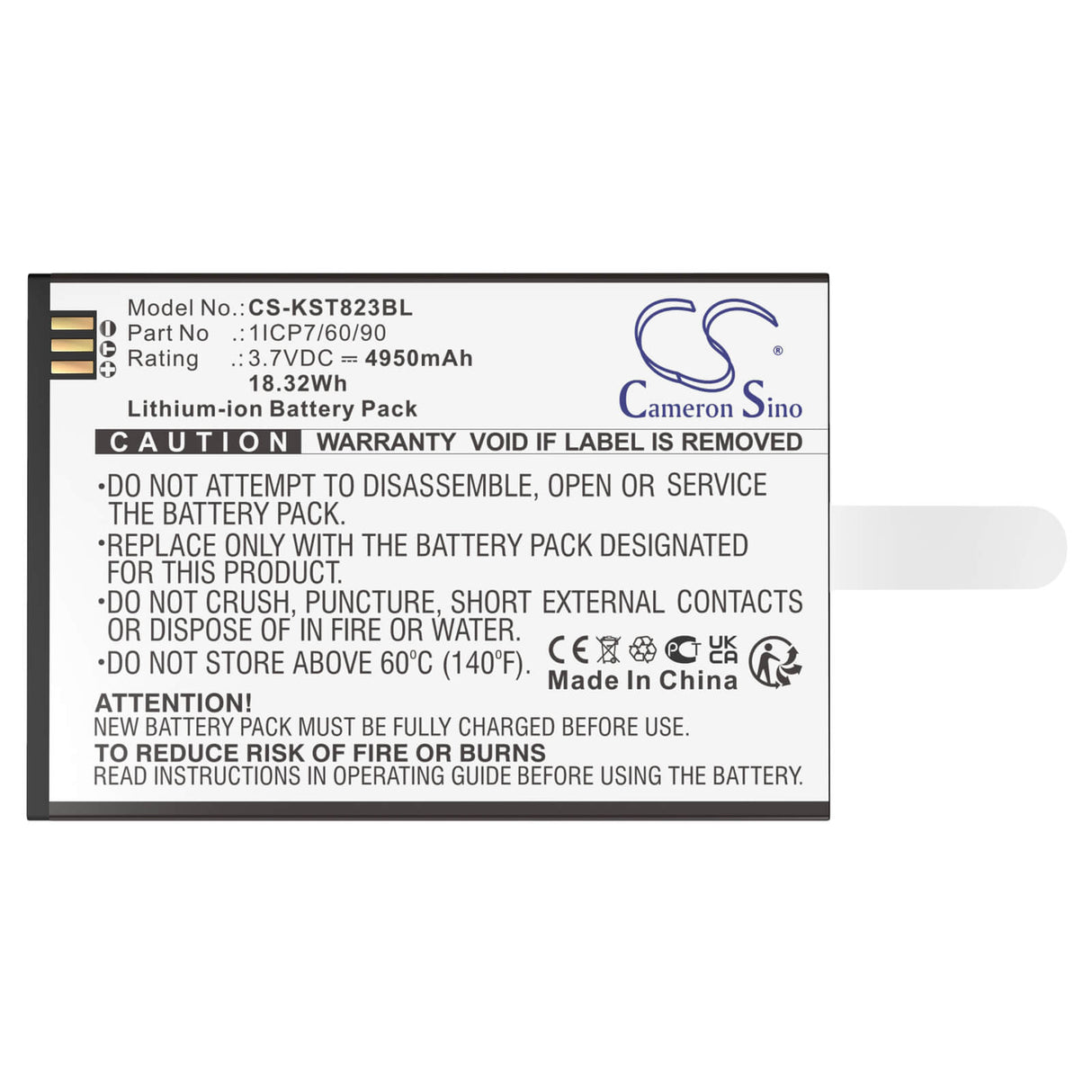 3.7V, Li-ion, 4950mAh, Payment Terminal battery fits Szzt, 1icp7/60/90, Ks8223, 18.32Wh Payment Terminal Cameron Sino Technology Limited