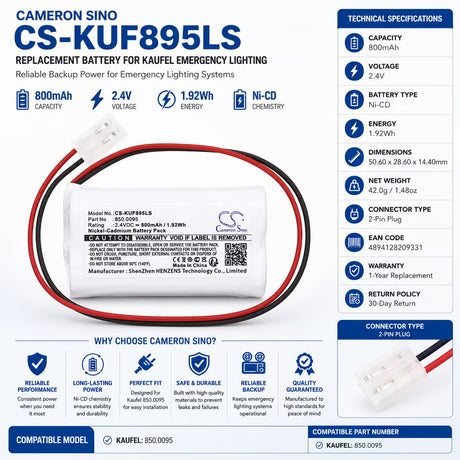 2.4V, Ni-CD, 800mAh, Emergency Lighting battery fits Kaufel, 850.0095, 850.0095, 1.92Wh Emergency Lighting Cameron Sino Technology Limited