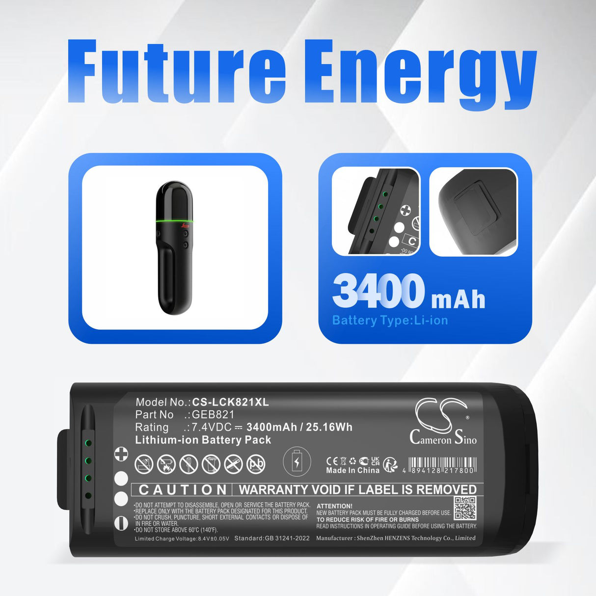 7.4V, Li-ion, 3400mAh, Equipment, Survey, Test battery fits Leica, 879638, Blk2go, Blk2go Handheld Imaging Laser, 25.16Wh Equipment, Survey, Test Cameron Sino Technology Limited