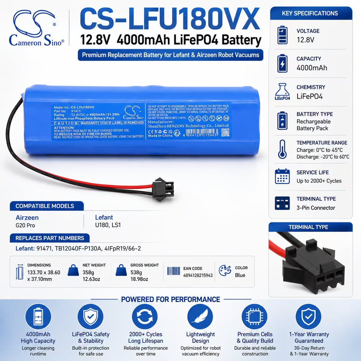 12.8V, LiFePO4, 4000mAh, Vacuum battery fits Lefant, TB12040F-P130A, LS1, U180, 51.2Wh Vacuum Cameron Sino Technology Limited