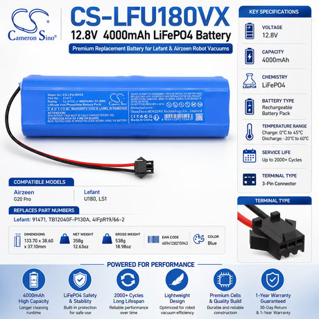 12.8V, LiFePO4, 4000mAh, Vacuum battery fits Lefant, TB12040F-P130A, LS1, U180, 51.2Wh Vacuum Cameron Sino Technology Limited