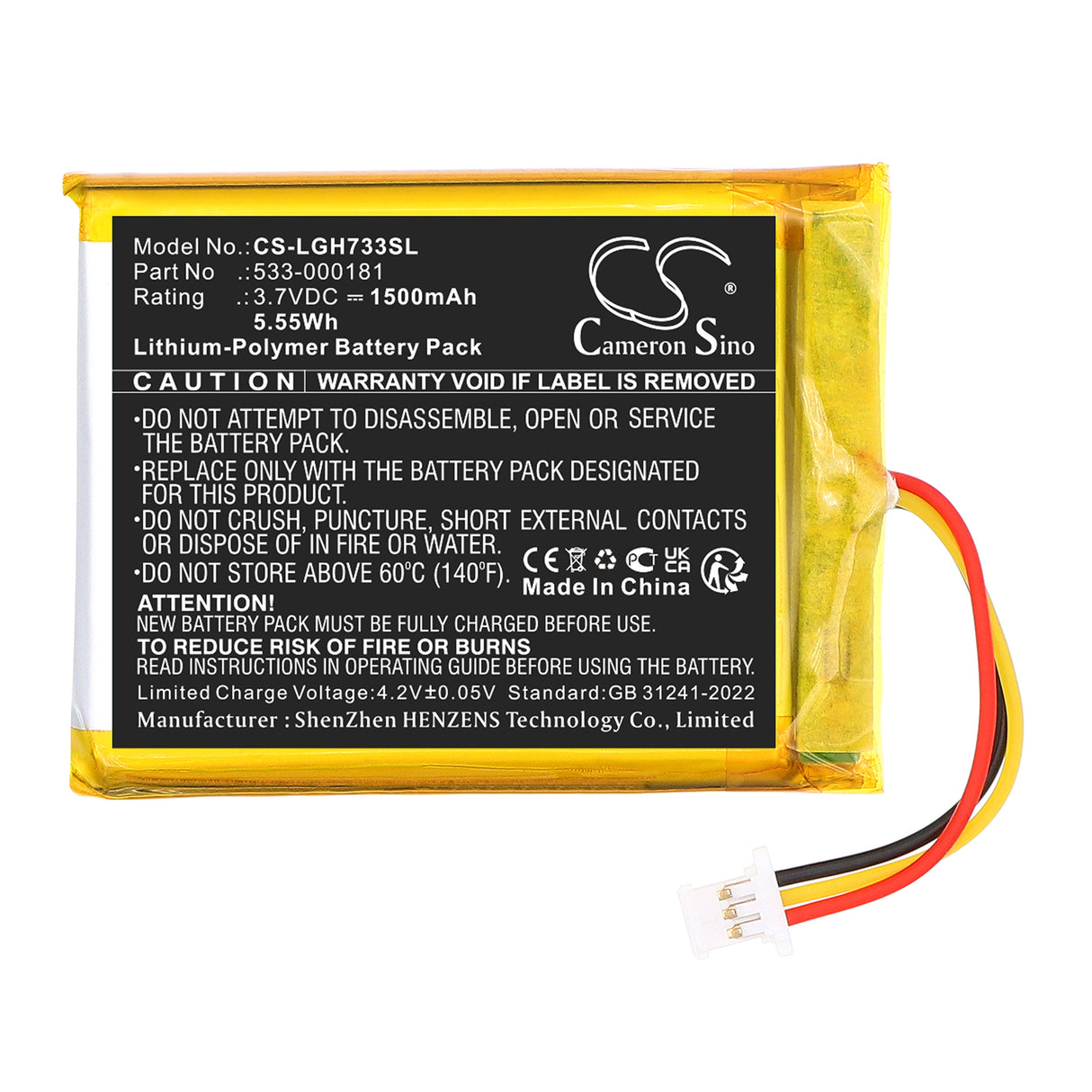 3.7V, Li-Polymer, 1500mAh, Wireless Headset battery fits Logitech, 533-000181, G733, 5.55Wh Wireless Headset Cameron Sino Technology Limited