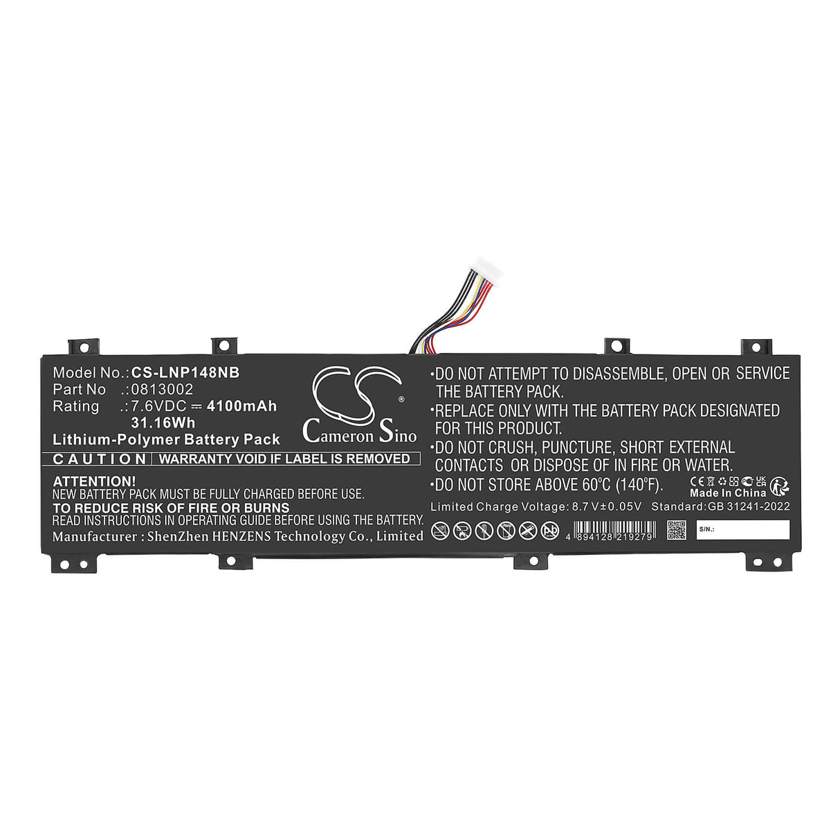 7.6V, Li-Polymer, 4100mAh, Notebook, Laptop battery fits Lenovo, 813002, IdeaPad 100S-14IBR, IdeaPad 100S-14IBR 80R9, 31.16Wh Notebook, Laptop Cameron Sino Technology Limited