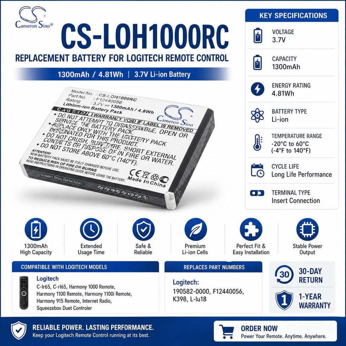 Cameron Sino CS-LOH1000RC Battery for Logitech Harmony Remote – 1300mAh 3.7V Replacement Remote Control Cameron Sino Technology Limited