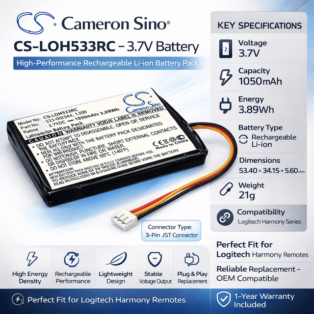 3.7V, Li-ion, 1050mAh, Remote Control battery fits Logitech, 915-000198, Harmony Touch, Harmony Ultimate, 3.89Wh Remote Control Cameron Sino Technology Limited