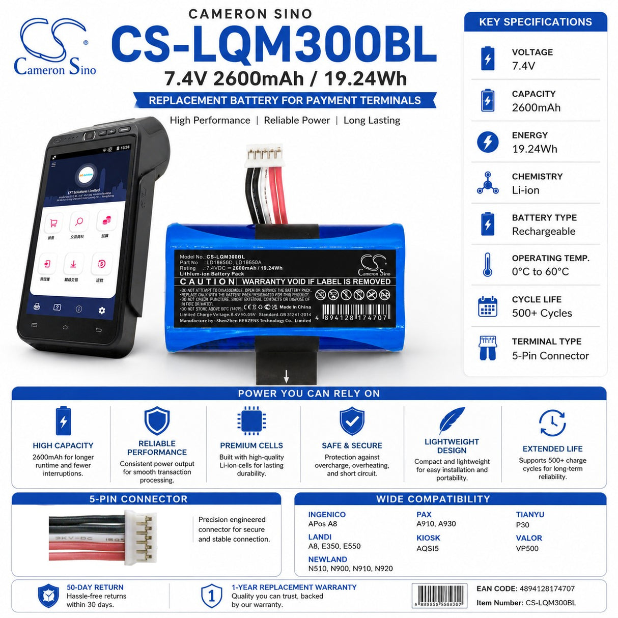 7.4V, Li-ion, 2600mAh, Payment Terminal battery fits Kiosk, Newland, Landi, Ingenico, Pax, Ld18650d, Apos A8, 19.24Wh Payment Terminal Cameron Sino Technology Limited