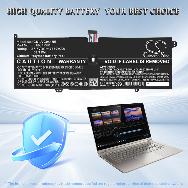 7.7V, Li-Polymer, 7650mAh, Notebook, Laptop battery fits Lenovo, 5B10T11585, Yoga C940-14IIL, Yoga C940-14IIL-81Q9, 58.91Wh Notebook, Laptop Cameron Sino Technology Limited