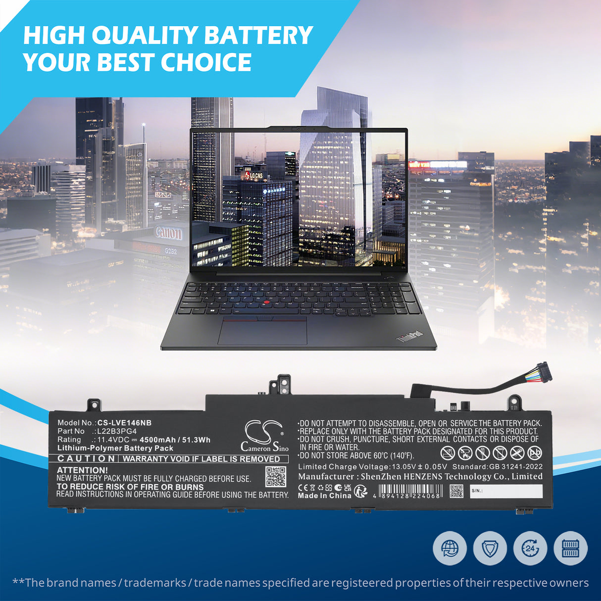 11.4V, Li-Polymer, 4500mAh, Notebook, Laptop battery fits Lenovo, 5B11K63020, ThinkPad E14 Gen 6, ThinkPad E16 G1 Core i5-1335U, 51.3Wh Notebook, Laptop Cameron Sino Technology Limited