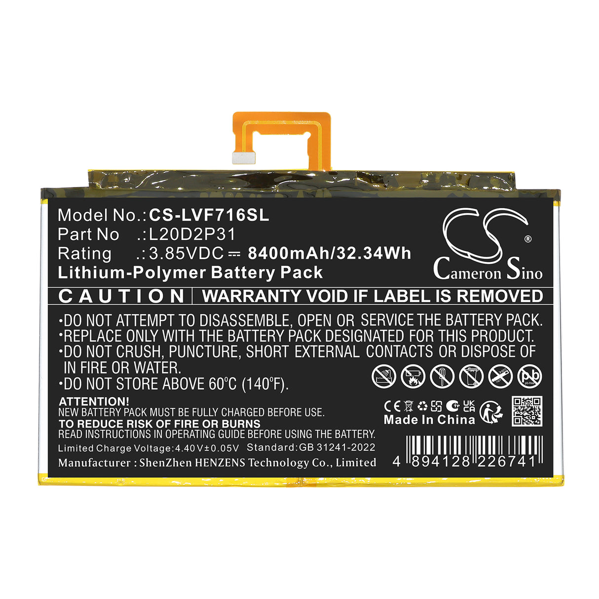 3.85V, Li-Polymer, 8400mAh, Tablet battery fits Lenovo, L20B2P31, Pad Pro 2021, TB-J706F, 32.34Wh Tablet Cameron Sino Technology Limited