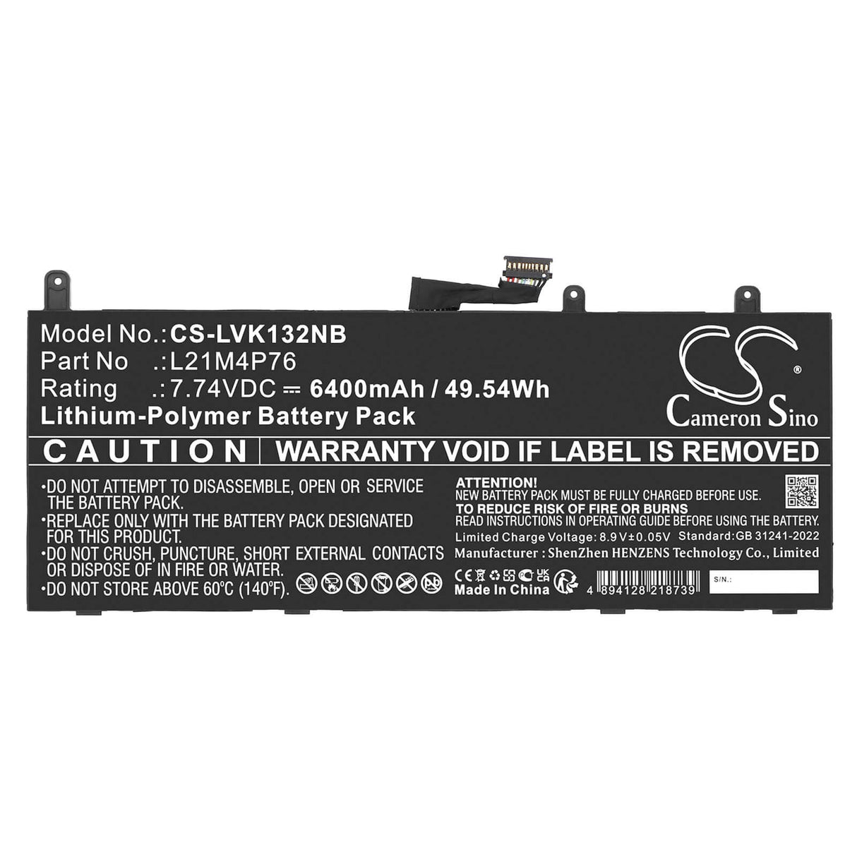 7.74V, Li-Polymer, 6400mAh, Notebook, Laptop battery fits Lenovo, 5b10w51878, Thinkpad X13s Gen 1-21bx000ehv, 49.54Wh Notebook, Laptop Cameron Sino Technology Limited