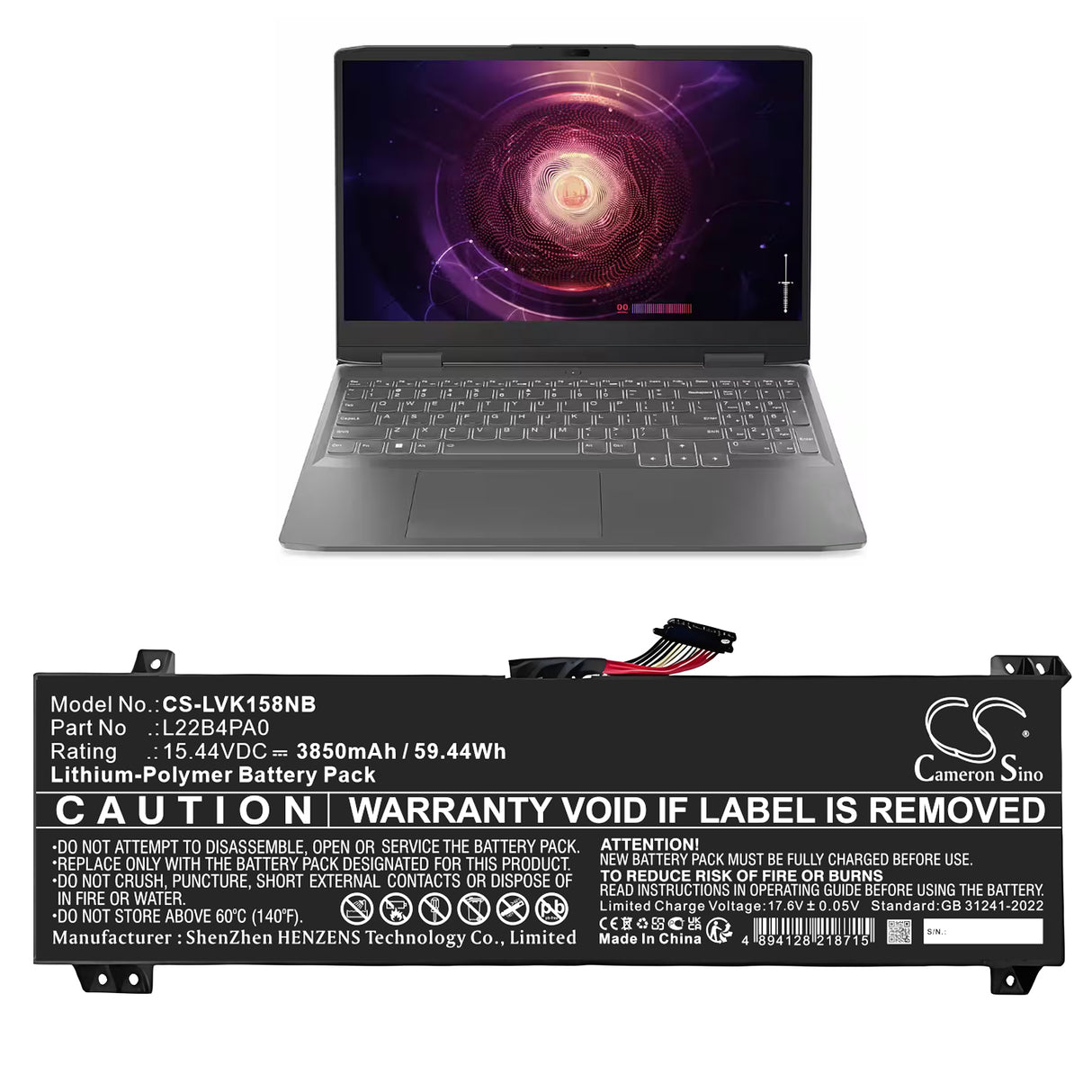 15.44V, Li-Polymer, 3850mAh, Notebook, Laptop battery fits Lenovo, 5b11k38526, Loq 15aph8 82xt0002us, Loq 15aph8 82xt0005us, 59.44Wh Notebook, Laptop Cameron Sino Technology Limited