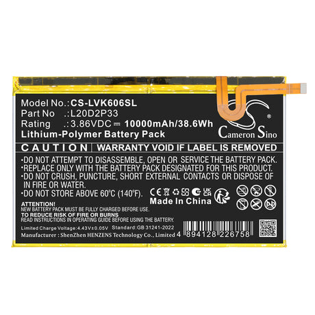 3.86V, Li-Polymer, 10000mAh, Tablet battery fits Lenovo, L20C2P33, Yoga Pad Pro, YT-K606FW, 38.6Wh Tablet Cameron Sino Technology Limited