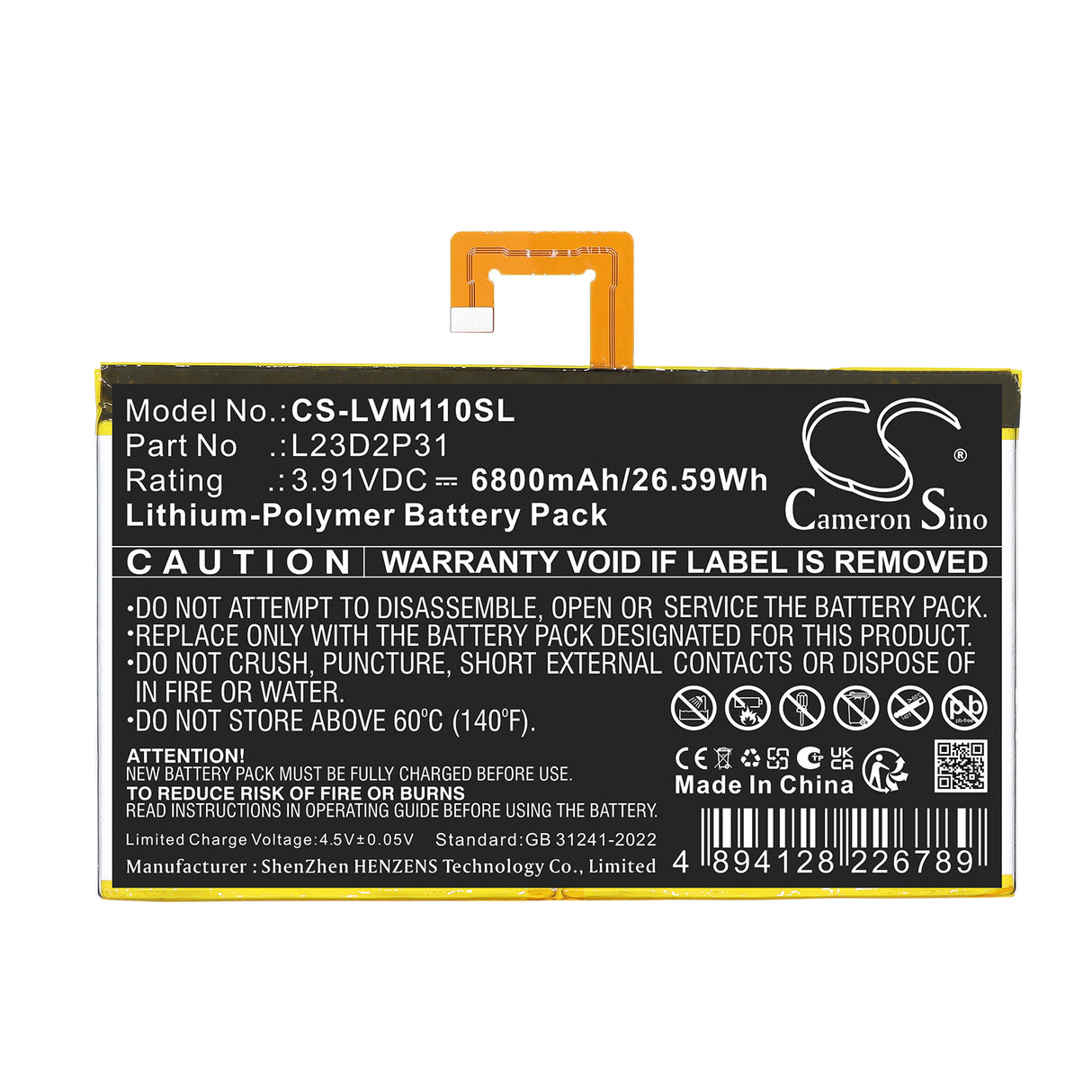 3.91V, Li-Polymer, 6800mAh, Tablet battery fits Lenovo, L23B2P31, Pad 2024 TB331FC, Pad 2024 TB331FU, 26.59Wh Tablet Cameron Sino Technology Limited