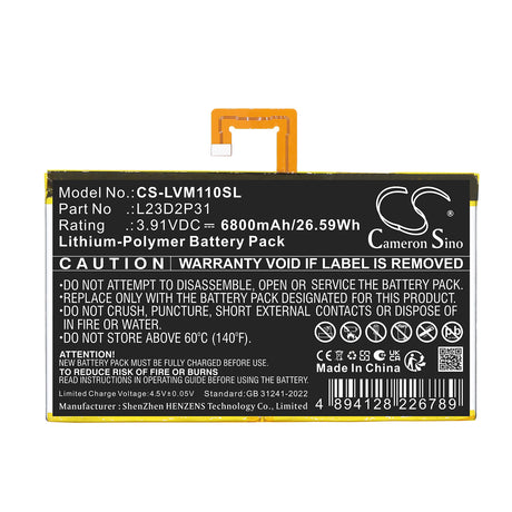3.91V, Li-Polymer, 6800mAh, Tablet battery fits Lenovo, L23B2P31, Pad 2024 TB331FC, Pad 2024 TB331FU, 26.59Wh Tablet Cameron Sino Technology Limited