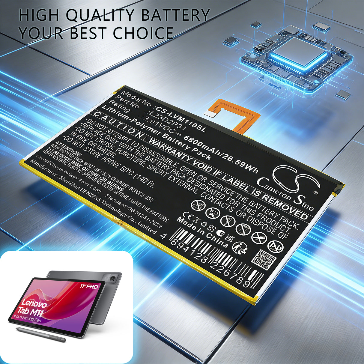 3.91V, Li-Polymer, 6800mAh, Tablet battery fits Lenovo, L23B2P31, Pad 2024 TB331FC, Pad 2024 TB331FU, 26.59Wh Tablet Cameron Sino Technology Limited