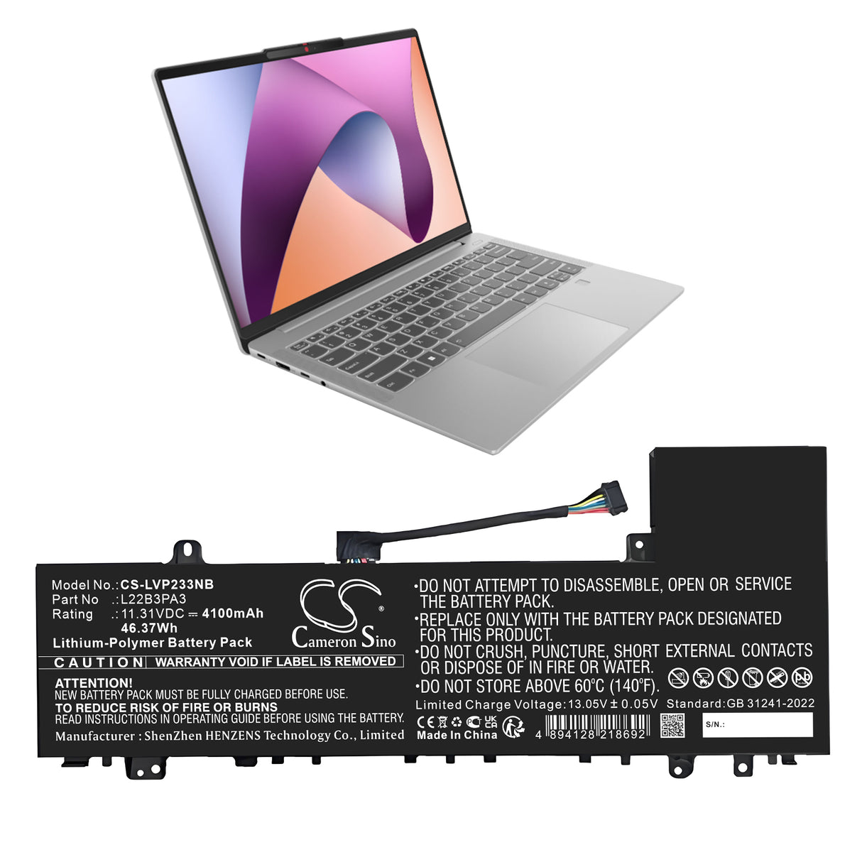 11.31V, Li-Polymer, 4100mAh, Notebook, Laptop battery fits Lenovo, 5b11k39362, Ideapad Slim 5 14abr8 82xe0001, 46.37Wh Notebook, Laptop Cameron Sino Technology Limited