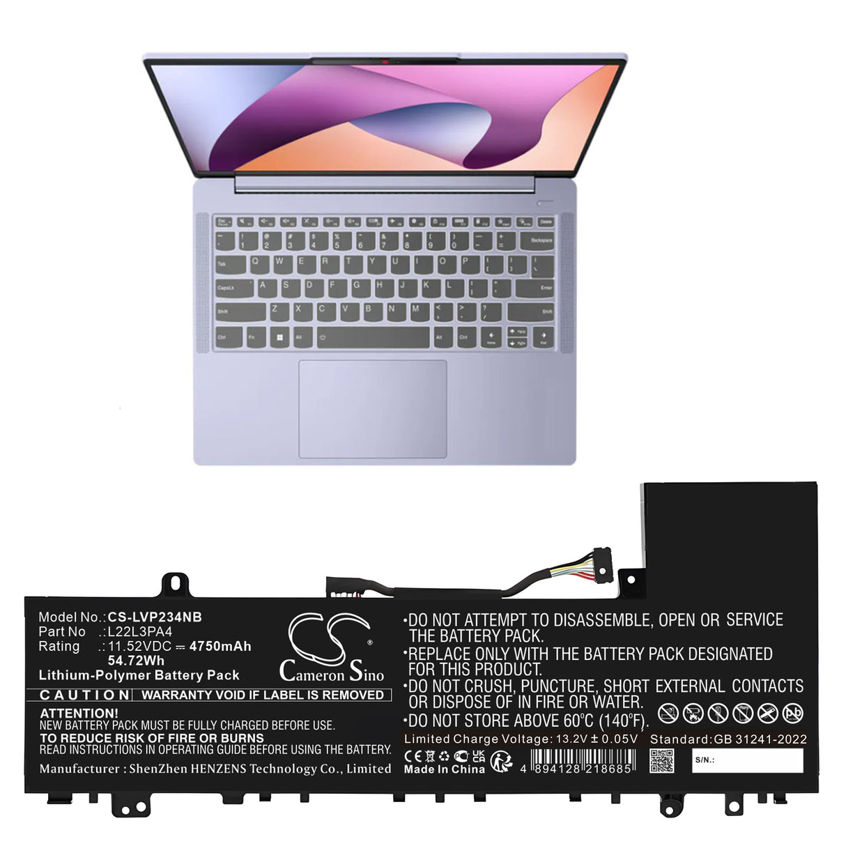 11.52V, Li-Polymer, 4750mAh, Notebook, Laptop battery fits Lenovo, 5b11k39352, Ideapad Slim 5 14abr8 82xe0001, 54.72Wh Notebook, Laptop Cameron Sino Technology Limited