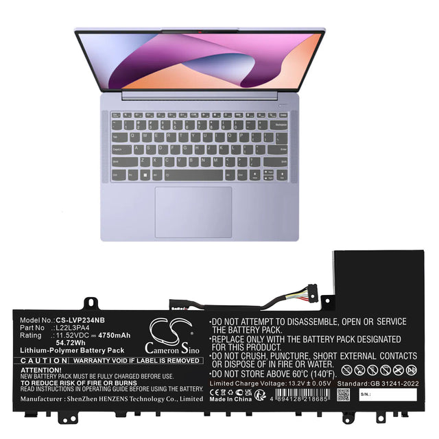 11.52V, Li-Polymer, 4750mAh, Notebook, Laptop battery fits Lenovo, 5b11k39352, Ideapad Slim 5 14abr8 82xe0001, 54.72Wh Notebook, Laptop Cameron Sino Technology Limited