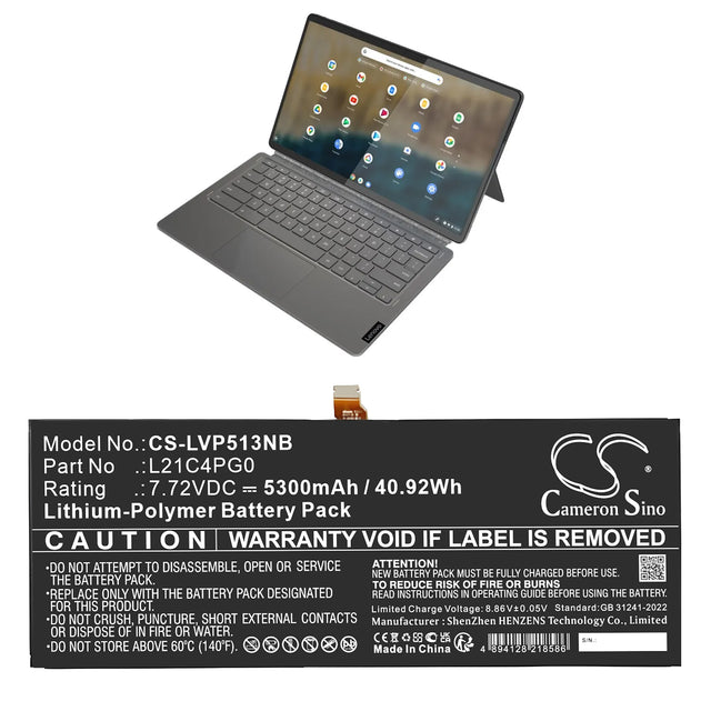 7.72V, Li-Polymer, 5300mAh, Notebook, Laptop battery fits Lenovo, L21c4pg0, Ideapad Duet 5 Chromebook 13q7, 40.92Wh Notebook, Laptop Cameron Sino Technology Limited