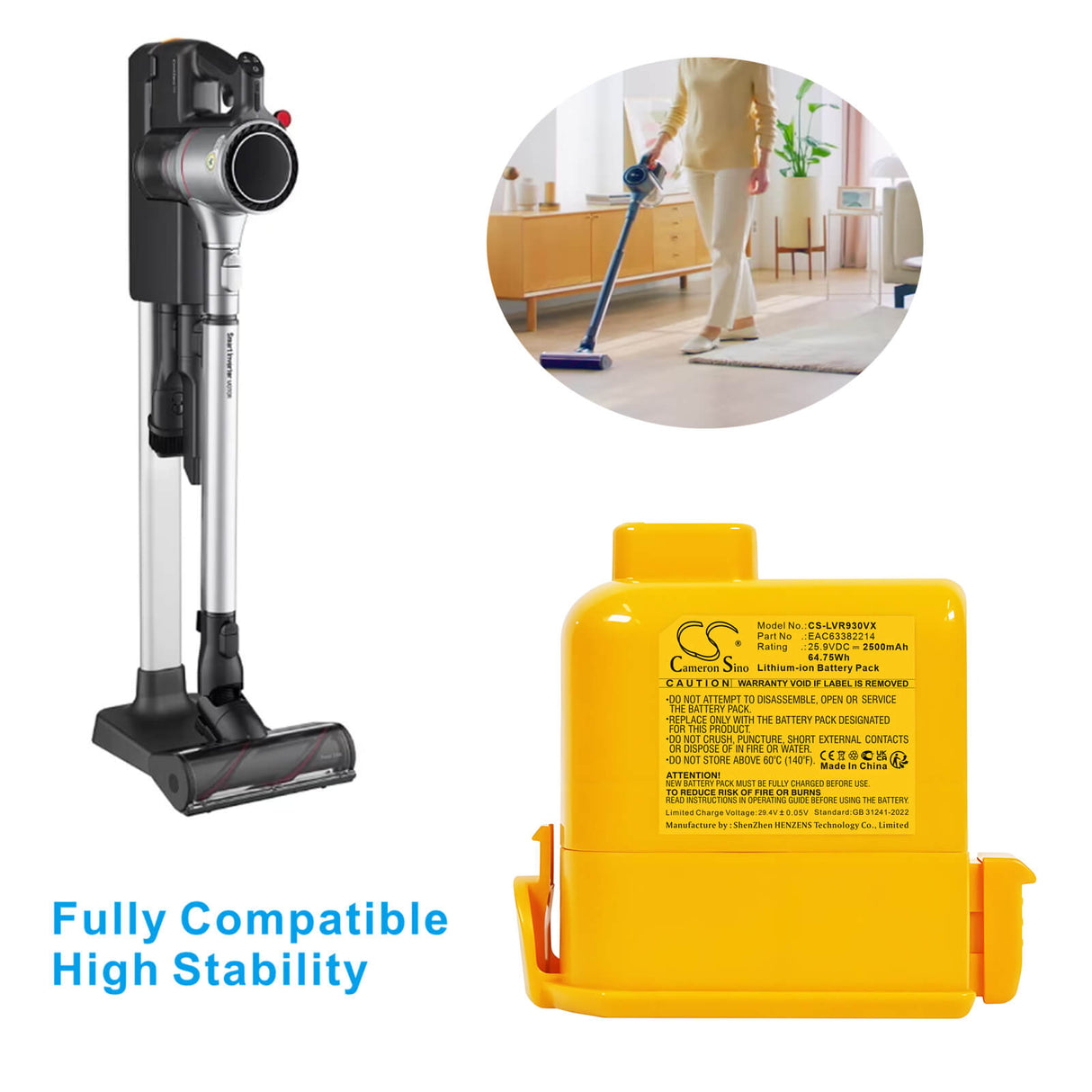 25.9V, Li-ion, 2500mAh, Vacuum battery fits Lg, EAC63382214, A9K-CORE1S, A9Komp, 64.75Wh Vacuum Cameron Sino Technology Limited