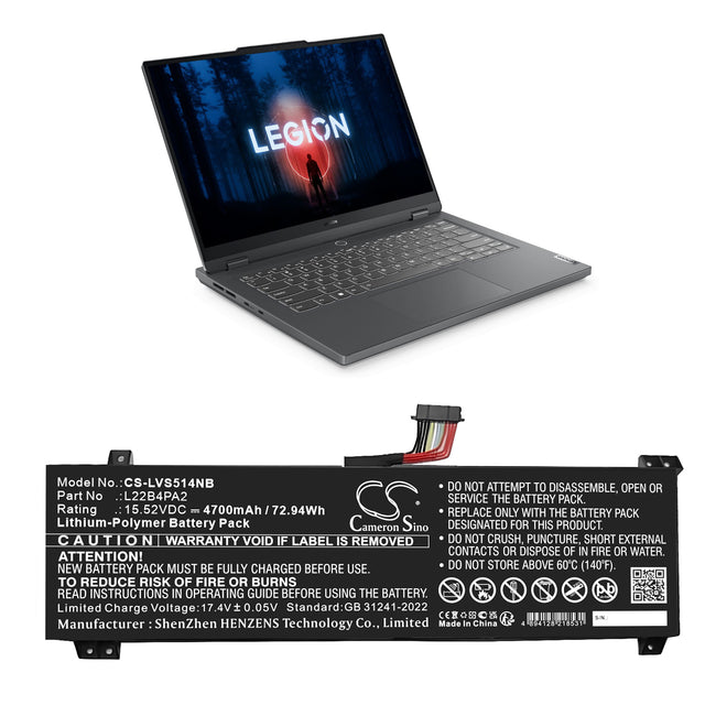 15.52V, Li-Polymer, 4700mAh, Notebook, Laptop battery fits Lenovo, 5b11k39112, Legion Slim 5 14aph8, 72.94Wh Notebook, Laptop Cameron Sino Technology Limited