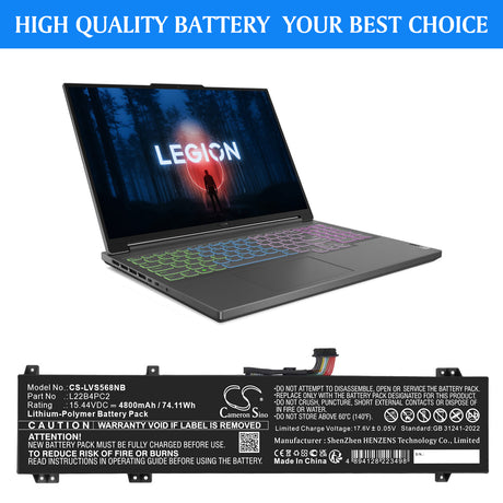 15.44V, Li-Polymer, 4800mAh, Notebook, Laptop battery fits Lenovo, 5B11K38740, Legion Slim 5 16APH8 82Y90005JP, Legion Slim 5 16APH8 82Y90006TA, 74.11Wh Notebook, Laptop Cameron Sino Technology Limited