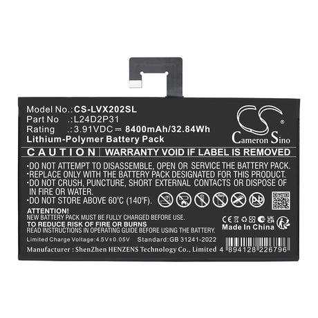 3.91V, Li-Polymer, 8400mAh, Tablet battery fits Lenovo, L24D2P31, XiaoXin Pad Pro 2024, 32.84Wh Tablet Cameron Sino Technology Limited