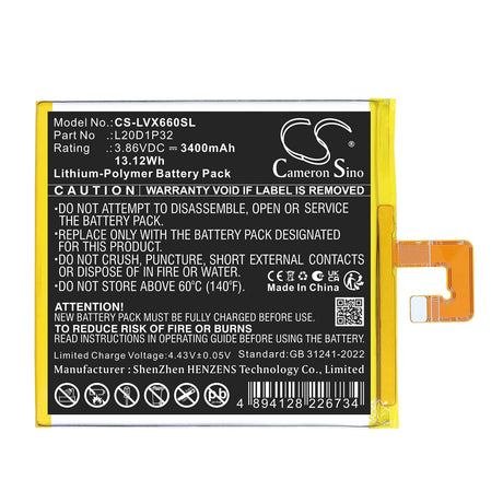 3.86V, Li-Polymer, 3400mAh, Tablet battery fits Lenovo, L20D1P32, TB-X6C6F, TB-X6C6X, 13.12Wh Tablet Cameron Sino Technology Limited