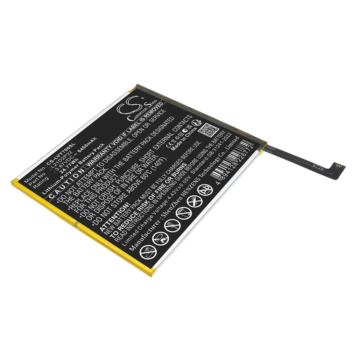 3.87V, Li-Polymer, 6400mAh, Tablet battery fits Lenovo, L21C2P32, Legion Y700, TB-9707F, 24.77Wh Tablet Cameron Sino Technology Limited