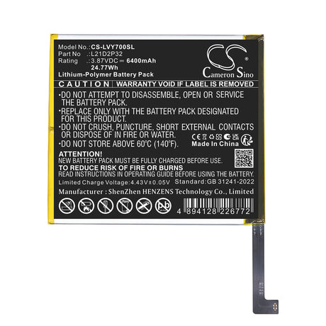 3.87V, Li-Polymer, 6400mAh, Tablet battery fits Lenovo, L21C2P32, Legion Y700, TB-9707F, 24.77Wh Tablet Cameron Sino Technology Limited