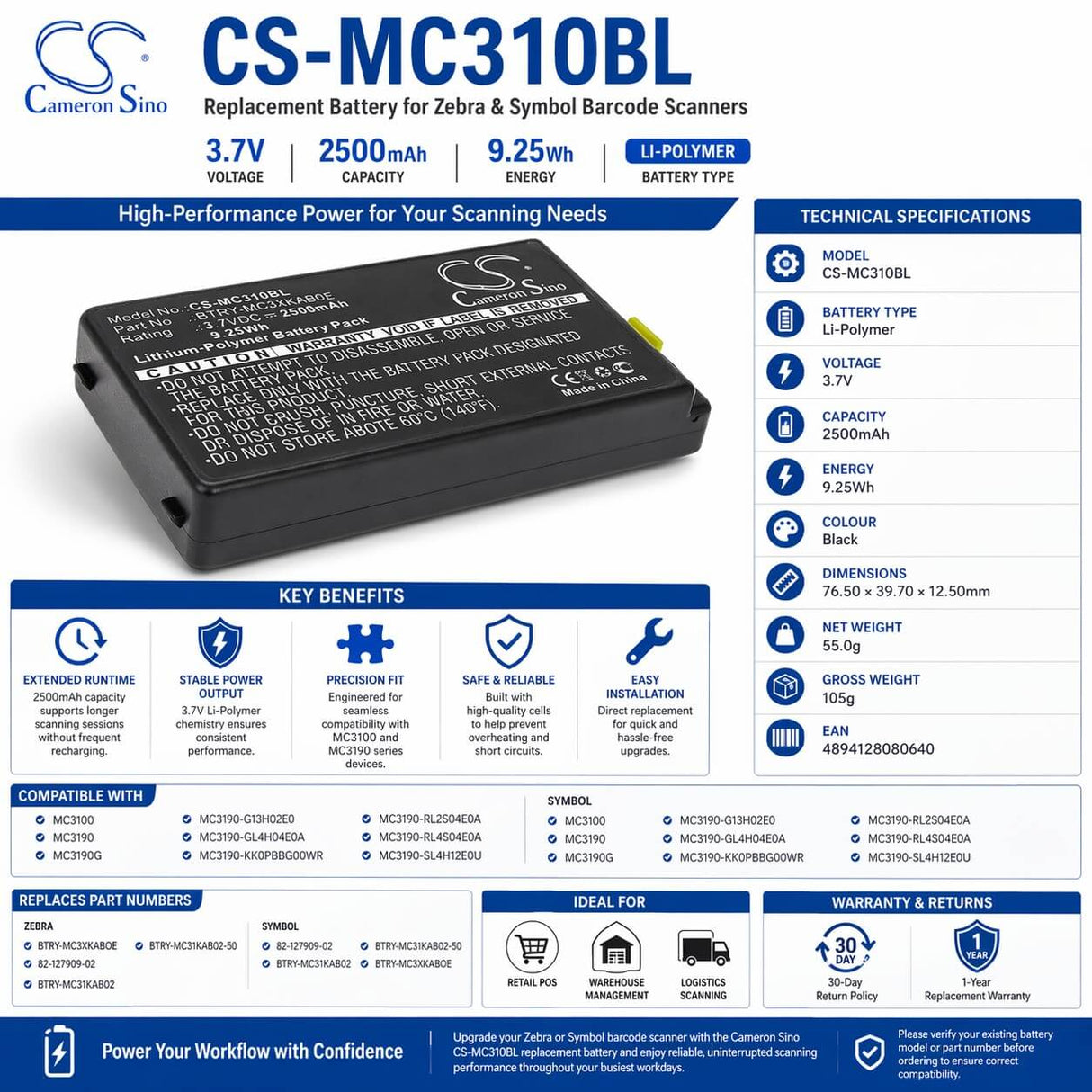 Barcode Scanner Battery For Symbol Mc3100, Mc3190, Mc3190g 3.7v, 2500mah - 9.25wh Barcode Scanner Cameron Sino Technology Limited