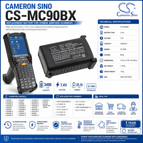 Barcode Scanner Battery For Symbol, Mc9000, Mc9000-g, Mc9000-k, Mc9000-s, Mc9010, Mc9050 7.4v, 3400mah - 25.16wh Barcode Scanner Cameron Sino Technology Limited