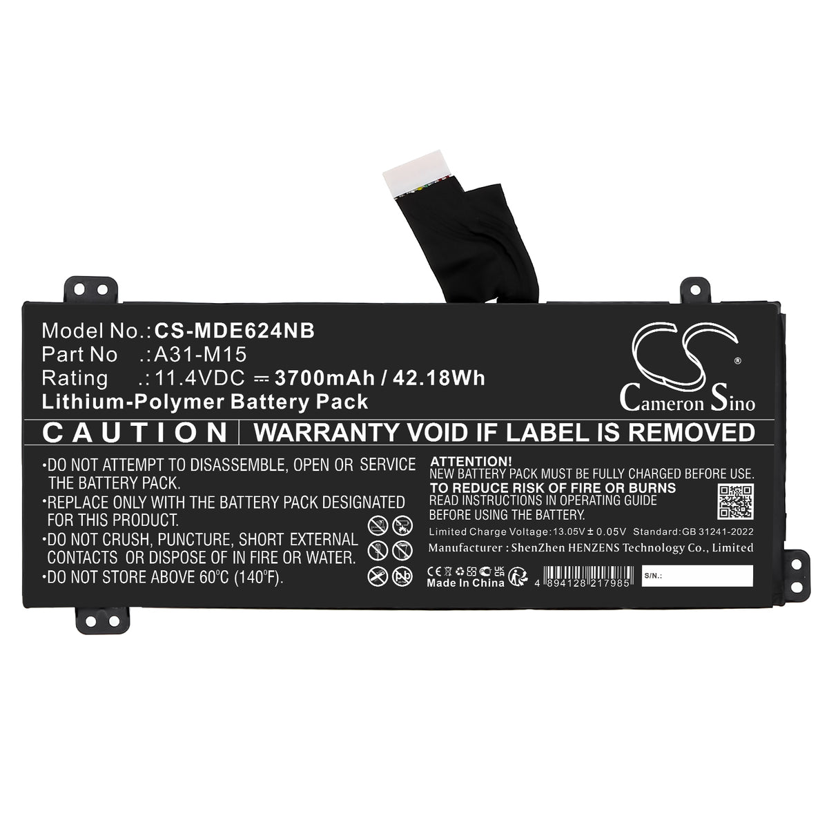 11.4V, Li-Polymer, 3700mAh, Notebook, Laptop battery fits Medion, 0b23-01q9000m, Akoya E6245, Akoya E6245(md 61126 Msn 30025, 42.18Wh Notebook, Laptop Cameron Sino Technology Limited