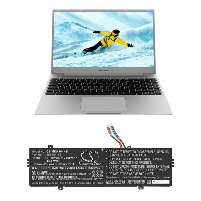 11.55V, Li-Polymer, 3850mAh, Notebook, Laptop battery fits Medion, 456484-3S, Akoya E14303 (NS14AR), Akoya E14304 (NS14AR), 44.47Wh Notebook, Laptop Cameron Sino Technology Limited