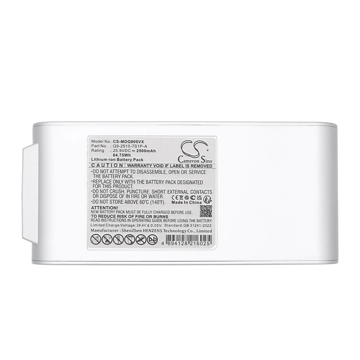 25.9V, Li-ion, 2500mAh, Vacuum battery fits Midea, Q9-2510-7s1p-a, Q9 Station, 64.75Wh Vacuum Cameron Sino Technology Limited