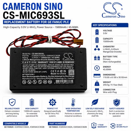 PLC Battery for Ge Fanuc, Ic693acc302a, Ic693acc302b 3v, 15000mah - 45.00wh PLC Cameron Sino Technology Limited
