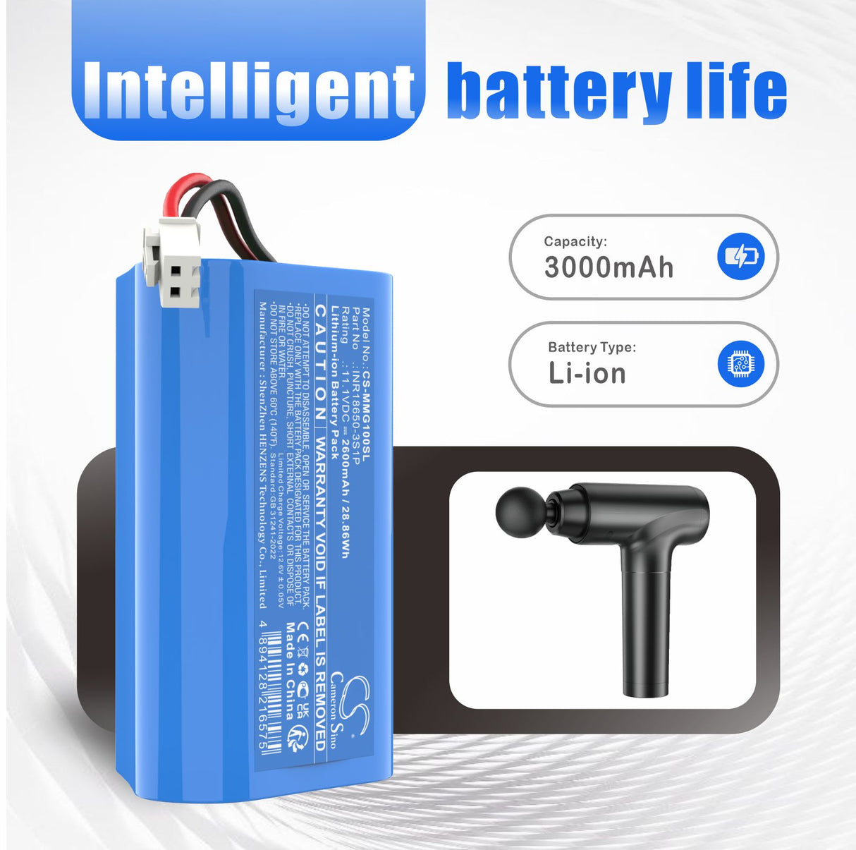 11.1V, Li-ion, 2600mAh, Personal Care battery fits Muscle, Inr18650-3s1p, Massage Gun, 28.86Wh Personal Care Cameron Sino Technology Limited