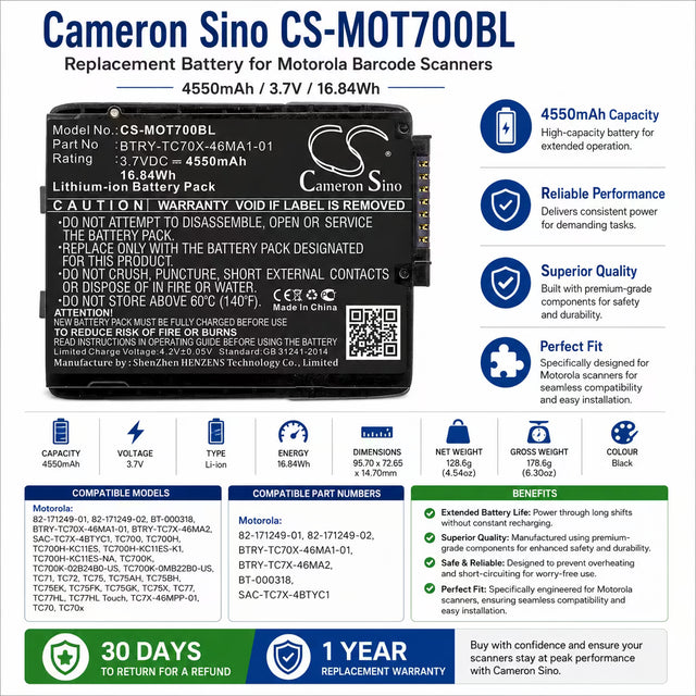 Motorola TC70 TC75 TC77 Battery Replacement 4550mAh Li-ion Barcode Scanner Cameron Sino Technology Limited