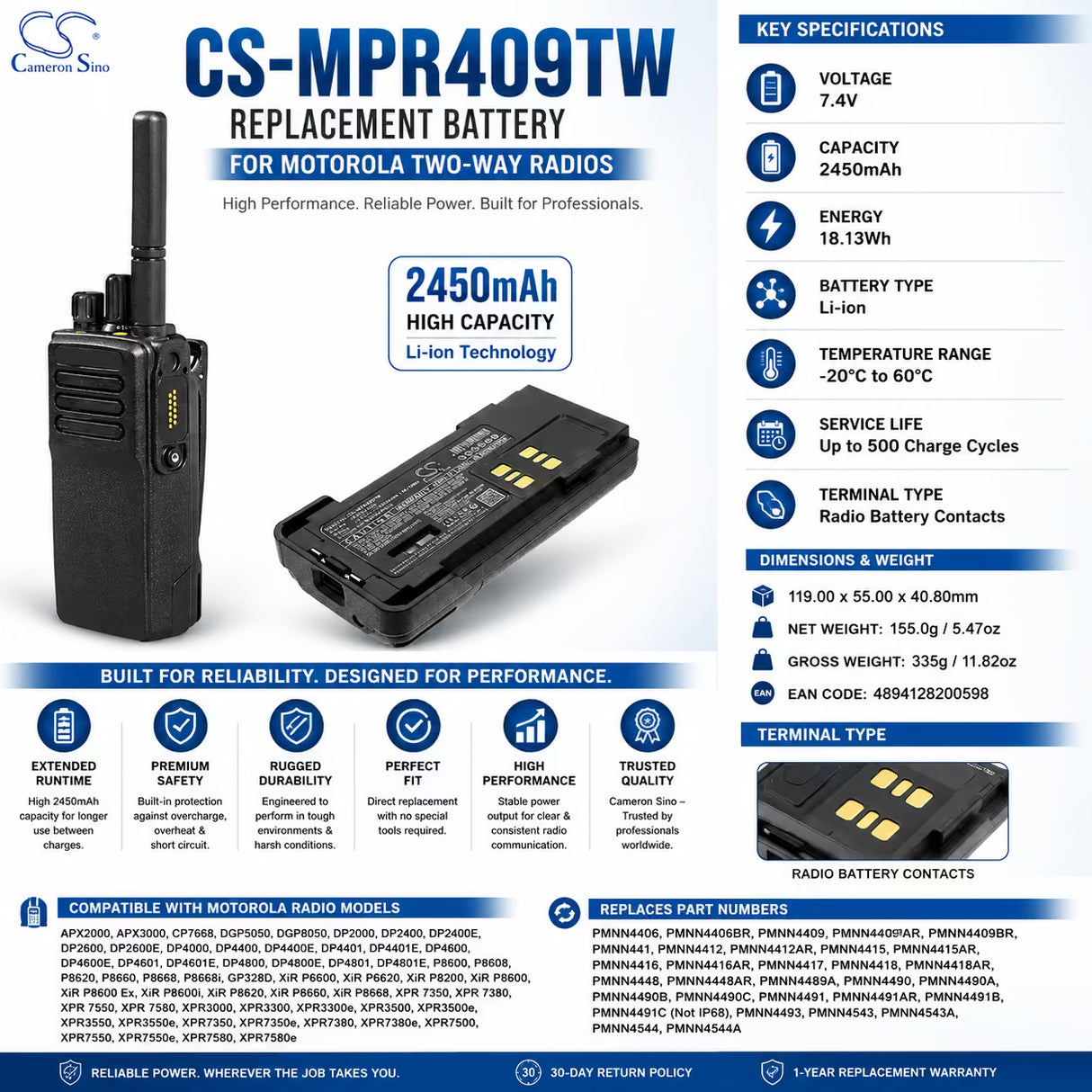 Impres 7.4V, Li-ion, 2450mAh, Two-Way Radio, Battery fits Motorola, Apx2000, Apx3000, 18.13Wh Two-Way Radio Cameron Sino Technology Limited