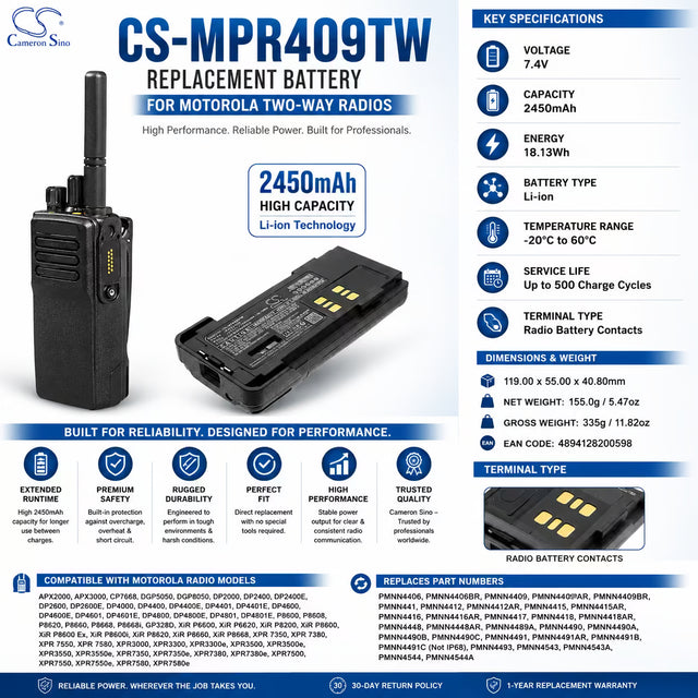 Impres 7.4V, Li-ion, 2450mAh, Two-Way Radio, Battery fits Motorola, Apx2000, Apx3000, 18.13Wh Two-Way Radio Cameron Sino Technology Limited